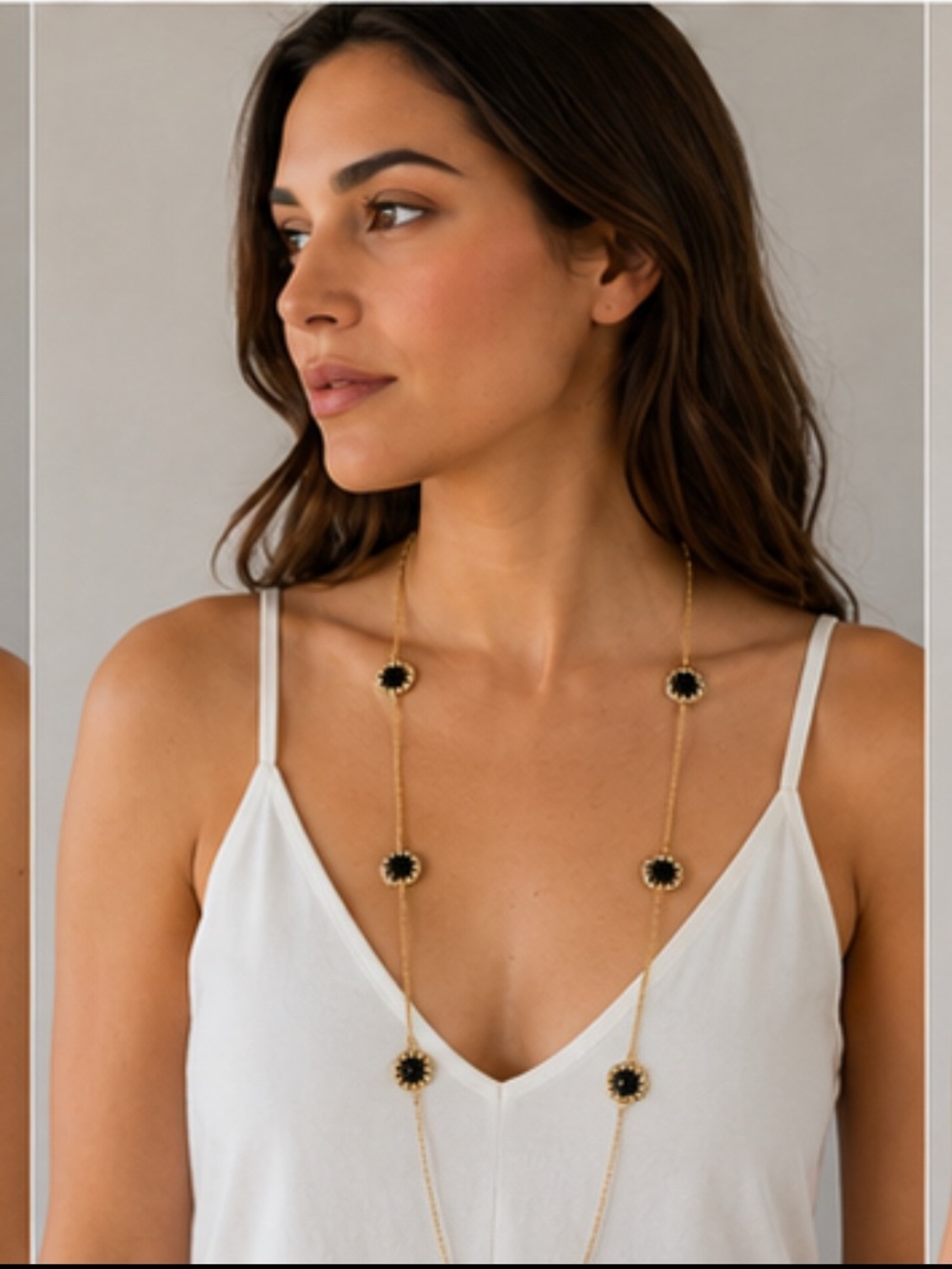Long Gold Chain Necklace with Black Sunburst Medallions